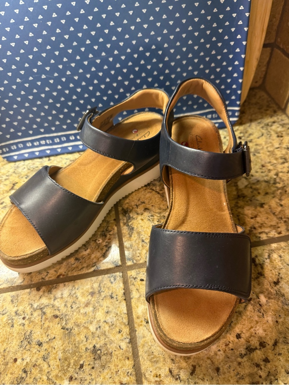 Clarks Navy Platform Wedge Sandals with Velcro/Buckle strap - Picture 9 of 9